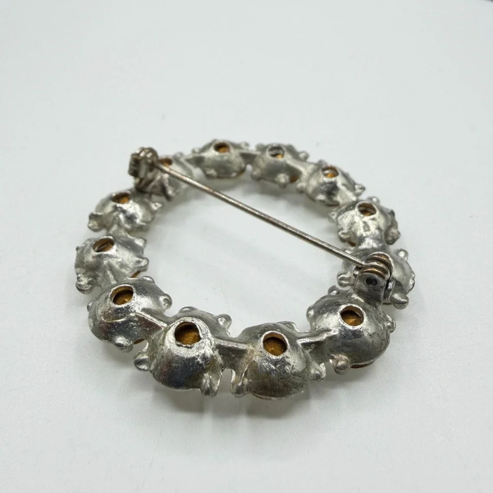 Clear Rhinestone Silver Tone Round Wreath Brooch Pin Bridal Statement Glam Gift